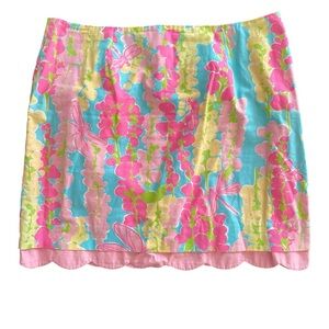 LILLY PULITZER Snappy Dragonfly Cynthia Skirt Scalloped Hem Pink Yellow Size 12